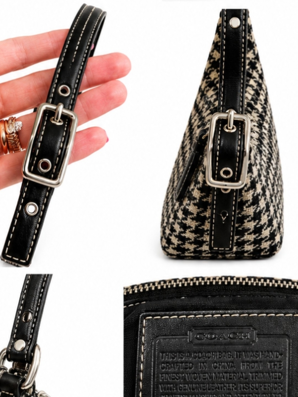 COACH Vintage Black & Cream Houndstooth Mini Hobo Bag - Picture 10 of 12